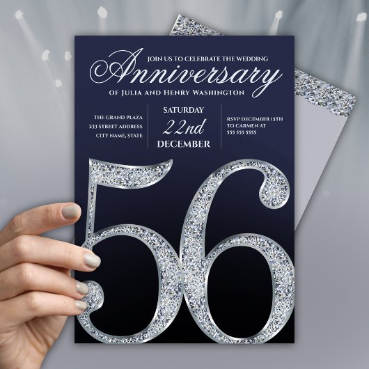 56th Anniversary Diamond Silver Navy Blue Modern 招待状