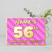 56th Birthday Party —おもしろいピンクのハートとストライプ 箔招待状 (立ち正面)