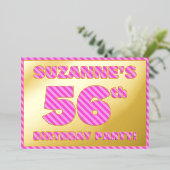 56th Birthday Party — はっきりした、おもしろい、ピンクストライプ色56 箔招待状 (立ち正面)