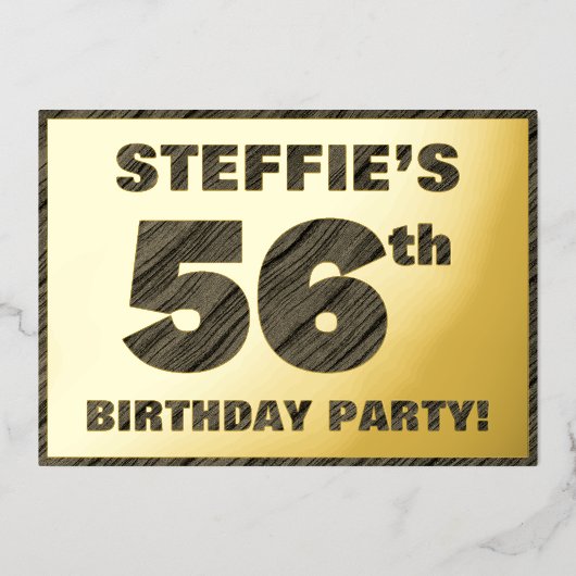 56th Birthday Party — はっきりしたWood Grainフェイク文字 箔招待状 (正面)