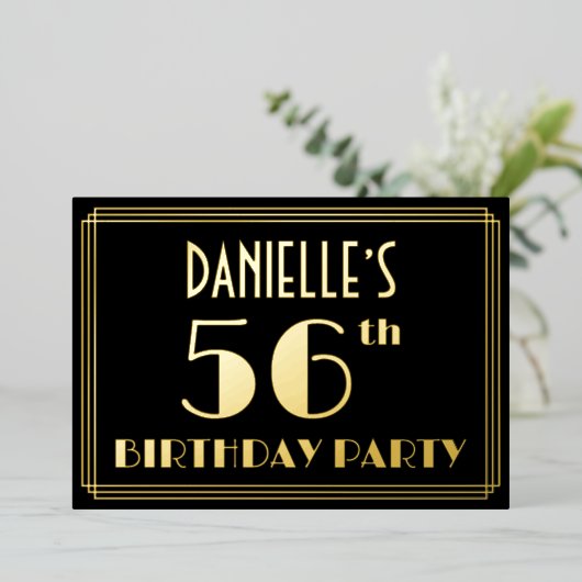 56th Birthday Party:アールデコ「56」、名前つき 箔招待状 (立ち正面)