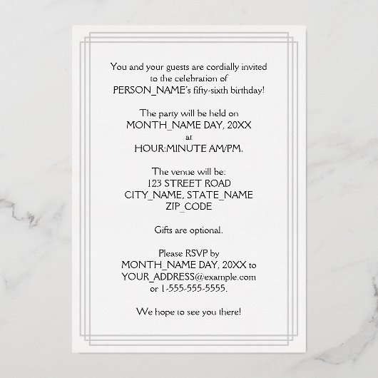 56th Birthday Party – スクリプファンシートと名前をカスタムする 箔招待状 (裏面)