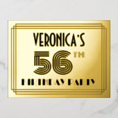 56th Birthday Party ~ Art Deco Style “56” + Name 箔招待状ポストカード (正面)