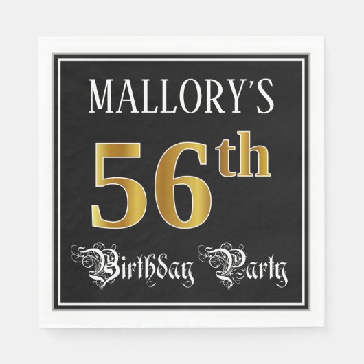 56th Birthday Party — Fancy Script, Faux Gold Look スタンダードランチョンナプキン (正面)