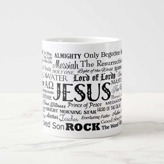 「57人のイエスの名前」白のジャンボマグブラック ジャンボコーヒーマグカップ (正面)