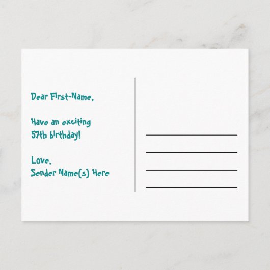 57歳の誕生日おめでとう：楽しいスター柄、虹57、名前 ポストカード (裏面)