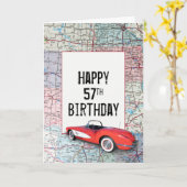 57歳の誕生日を祝うレトロコルベットと地図 カード (黄色い花)
