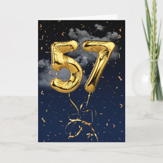 57歳の誕生日ゴールドマイラーバルーンと紙吹雪カード カード (正面)