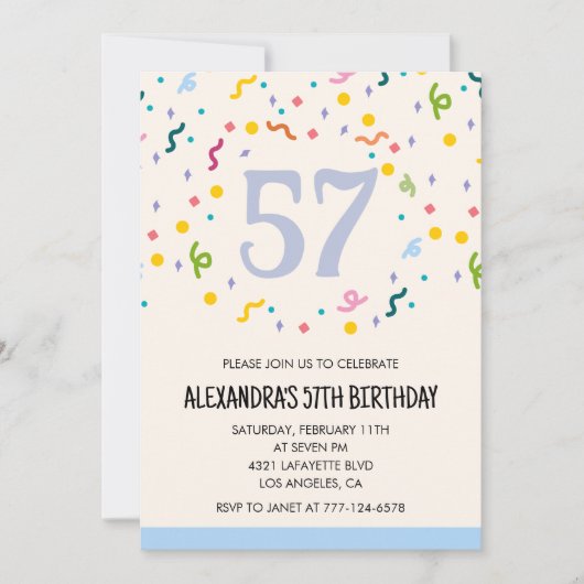 57歳の誕生日パーティーの招待状 コンフェッティ モダン 招待状 (正面)