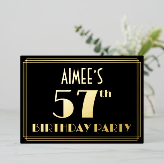 57歳の誕生日パーティー：アールデコ調の「57」＋名前 箔招待状 (立ち正面)