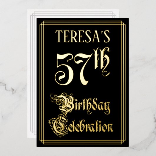 57歳の誕生日パーティー - ファンシーな筆記体とカスタムネーム 箔招待状 (正面/裏面)