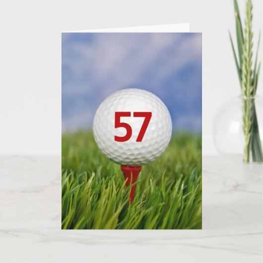 57歳の誕生日 ゴルフボール 赤いティー カード (正面)