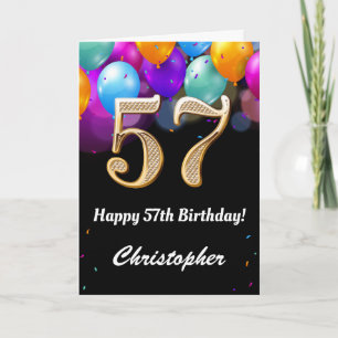57歳の誕生日 黒と金のカラフルな風船 カード