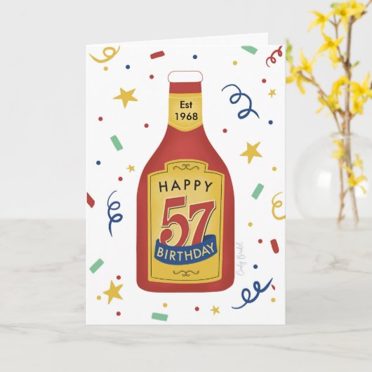 57番目の誕生日おもしろいケチャップボトル カード (黄色い花)