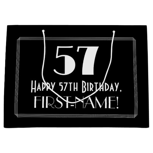 57番目の誕生日:インスパイアアールデコスタイル「57」、名前 ラージペーパーバッグ (正面)
