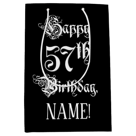 57番目の誕生日: ファンシー、スクリプエレガントト+名前をカスタムする ミディアムペーパーバッグ (正面)