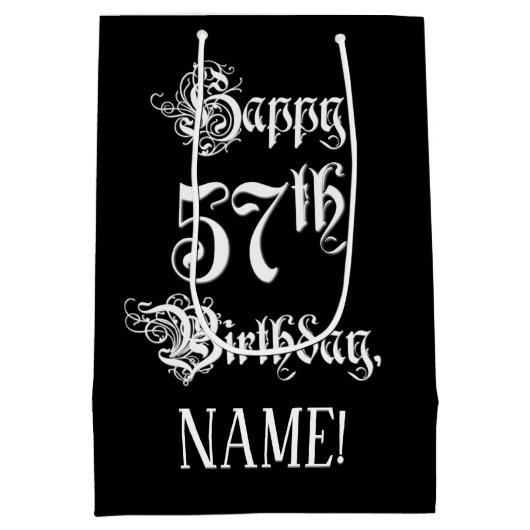 57番目の誕生日: ファンシー、スクリプエレガントト+名前をカスタムする ミディアムペーパーバッグ (裏面)