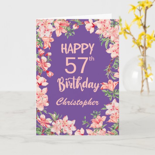 57誕生日パープルピンクピーチウォーターフローラ カード (黄色い花)