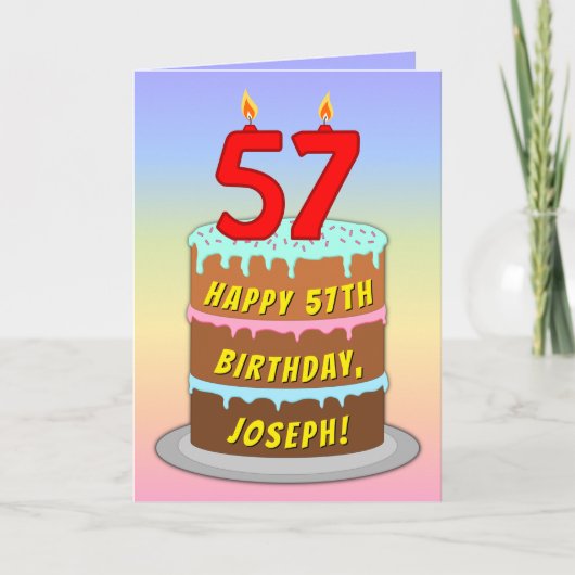 57誕生日—おもしろいケーキ&ろうそく、名前をカスタムする付き カード (正面)