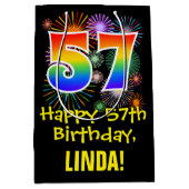 57誕生日:おもしろい花火パターン+虹57 ミディアムペーパーバッグ (正面)