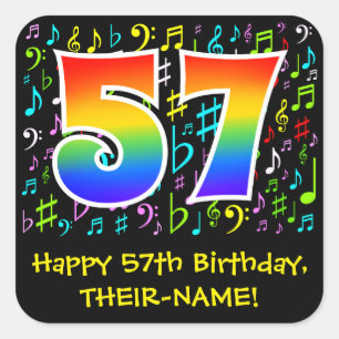 57誕生日:カラフル音楽シンボル、レインボー57 スクエアシール