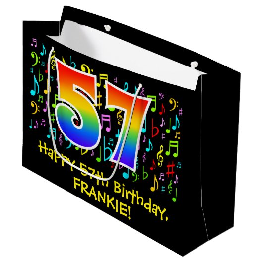 57誕生日-カラフル音楽シンボルRainbow 57 ラージペーパーバッグ (正面アングル)