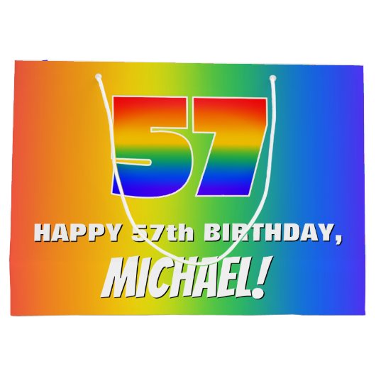 57誕生日: カラフル、おもしろいレインボーパターン# 57 ラージペーパーバッグ (裏面)