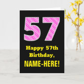 57誕生日:ピンクストライプのハートと57" +名前 カード (黄色い花)