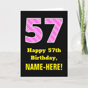 57誕生日:ピンクストライプのハートと57" +名前 カード