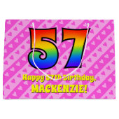 57誕生日：ピンクストライプのハート、レインボー# 57 ラージペーパーバッグ (正面)