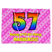 57誕生日：ピンクストライプのハート、レインボー# 57 ラージペーパーバッグ (裏面)