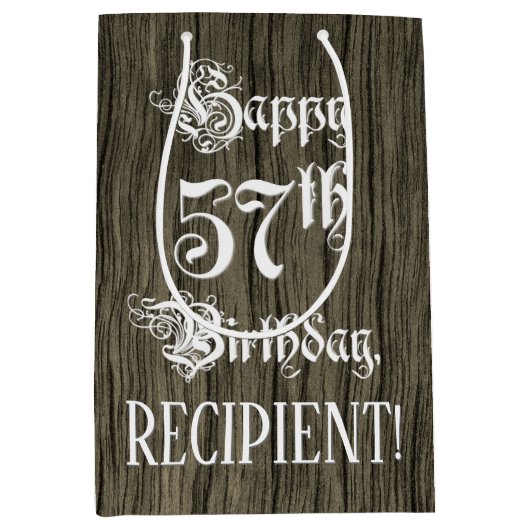 57誕生日: ファンシー, フェイク Wood Look +名前をカスタムする ミディアムペーパーバッグ (正面)