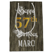 57誕生日:フェイク金ゴールドルック&ウッドフェイクパターン ミディアムペーパーバッグ (正面)