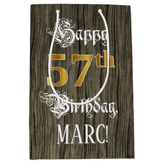 57誕生日:フェイク金ゴールドルック&ウッドフェイクパターン ミディアムペーパーバッグ (正面)