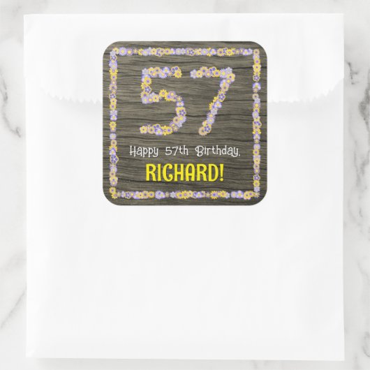 57誕生日:フローラ番号フェイク、木目、名前 スクエアシール (バッグ)