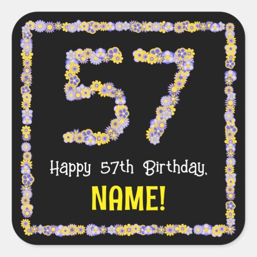 57誕生日:フローラ花数名前をカスタムする スクエアシール (正面)