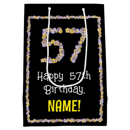 57誕生日:フローラ花数名前をカスタムする ミディアムペーパーバッグ (裏面)