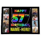 57誕生日：レインボー文字カスタム、写真&名前 ラージペーパーバッグ (正面)