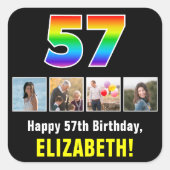 57誕生日:レインボー「57」、写真カスタムと名前 スクエアシール (正面)