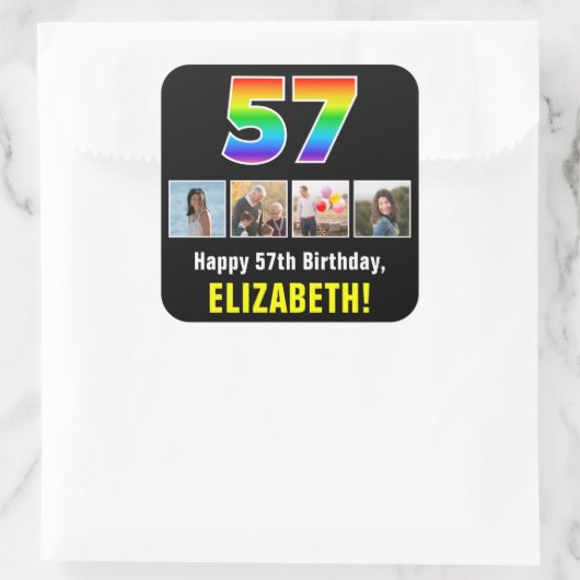 57誕生日：レインボー「57」、写真カスタムと名前 スクエアシール (バッグ)