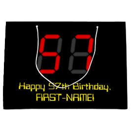 57誕生日：レッドデジタルクロックスタイル"57" +名前 ラージペーパーバッグ