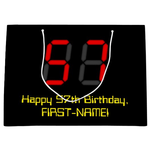 57誕生日:レッドデジタルクロックスタイル"57" +名前 ラージペーパーバッグ (正面)