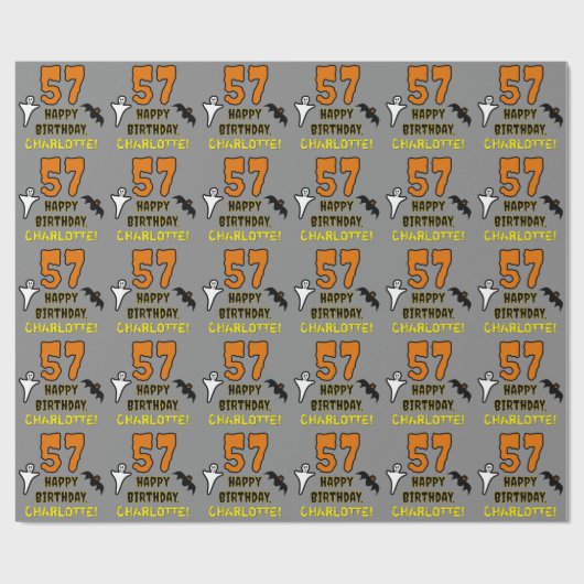 57誕生日:不気味ハロウィーンテーマ、名前をカスタムする ラッピングペーパー (フラット)
