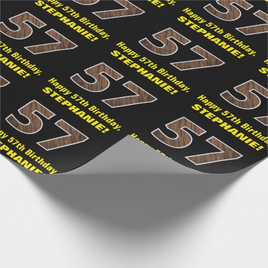 57誕生日:名前フェイク&木目パターン「57」 ラッピングペーパー (角)