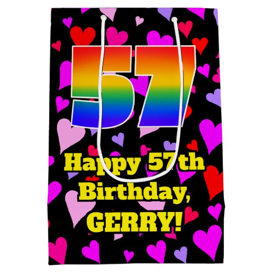 57誕生日:愛するハートパターン、虹# 57 ミディアムペーパーバッグ (裏面)