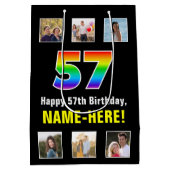 57誕生日: Rainbow "57",写真カスタムと名前 ミディアムペーパーバッグ (裏面)