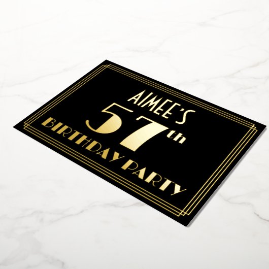 57th誕生日パーティー:アールデコ見る"57",名前と 箔招待状 (回転した状態)