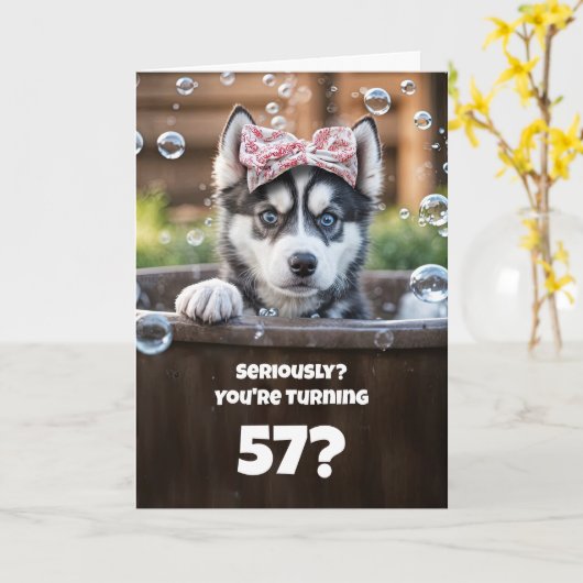 57th Birthday Cute and Funny Husky Dog カード (黄色い花)