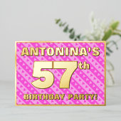 57th Birthday Party —おもしろいピンクのハートとストライプ 箔招待状 (立ち正面)