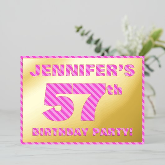 57th Birthday Party — はっきりした、おもしろい、ピンクストライプ色57 箔招待状 (立ち正面)